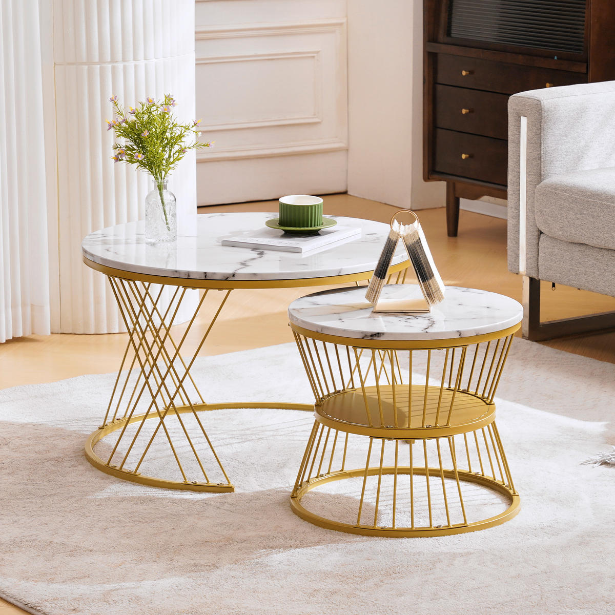 COUCHTISCH 70/70/45 cm und 45/45/40 cm Weiß mit Hochglanz und runden Tischen aus MDF - Weiß, Holzwerkstoff (70/70/45cm) - OKWISH