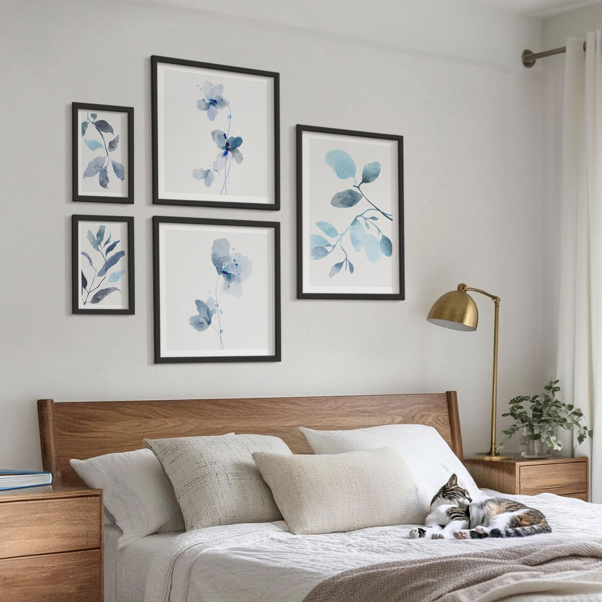 WANDBILDER 5er-Set - 50x50 cm & 20x30 cm & 40x60 cm Schwarzer Rahmen - Aquarell von blauen Blättern - Schwarz, Kunststoff (40/60cm) - ArtPrintCave
