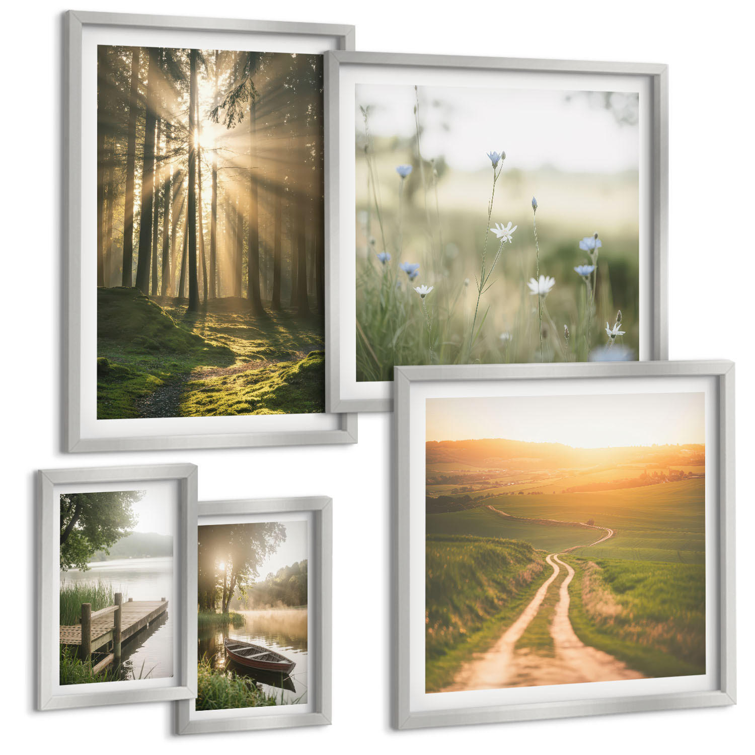BILDER SET 5er Set - 50x50 cm & 20x30 cm & 40x60 cm Silberner Rahmen - Gemalte Zitruslandschaften - Silberfarben, Kunststoff (40/60cm) - TULUP