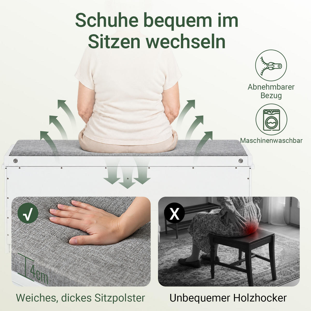 SCHUHBANK Weiß, 100 x 46 x 26 cm, 2 Klappen für ca. 8 Paar Schuhe, bis 158 kg, abnehmbares Sitzpolster, Filzgleiter - Weiß, Holzwerkstoff (100/46/26cm) - SoBuy
