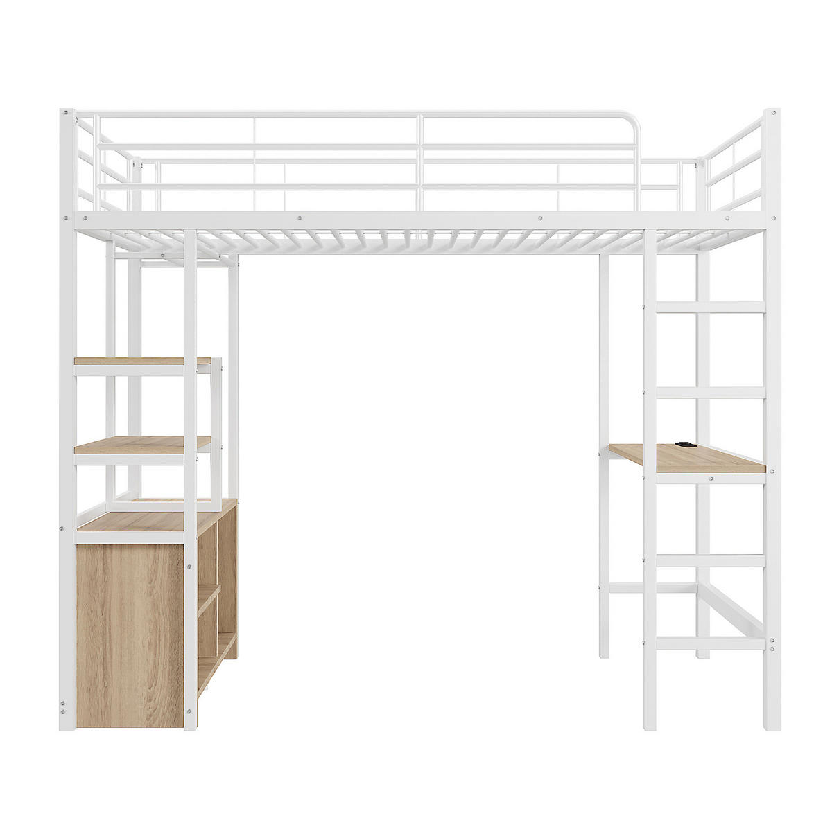 HOCHBETT aus Metall 90x200 cm in Weiß mit Schreibtisch, Steckdose & USB - Weiß, Metall (90/200cm) - Modfu