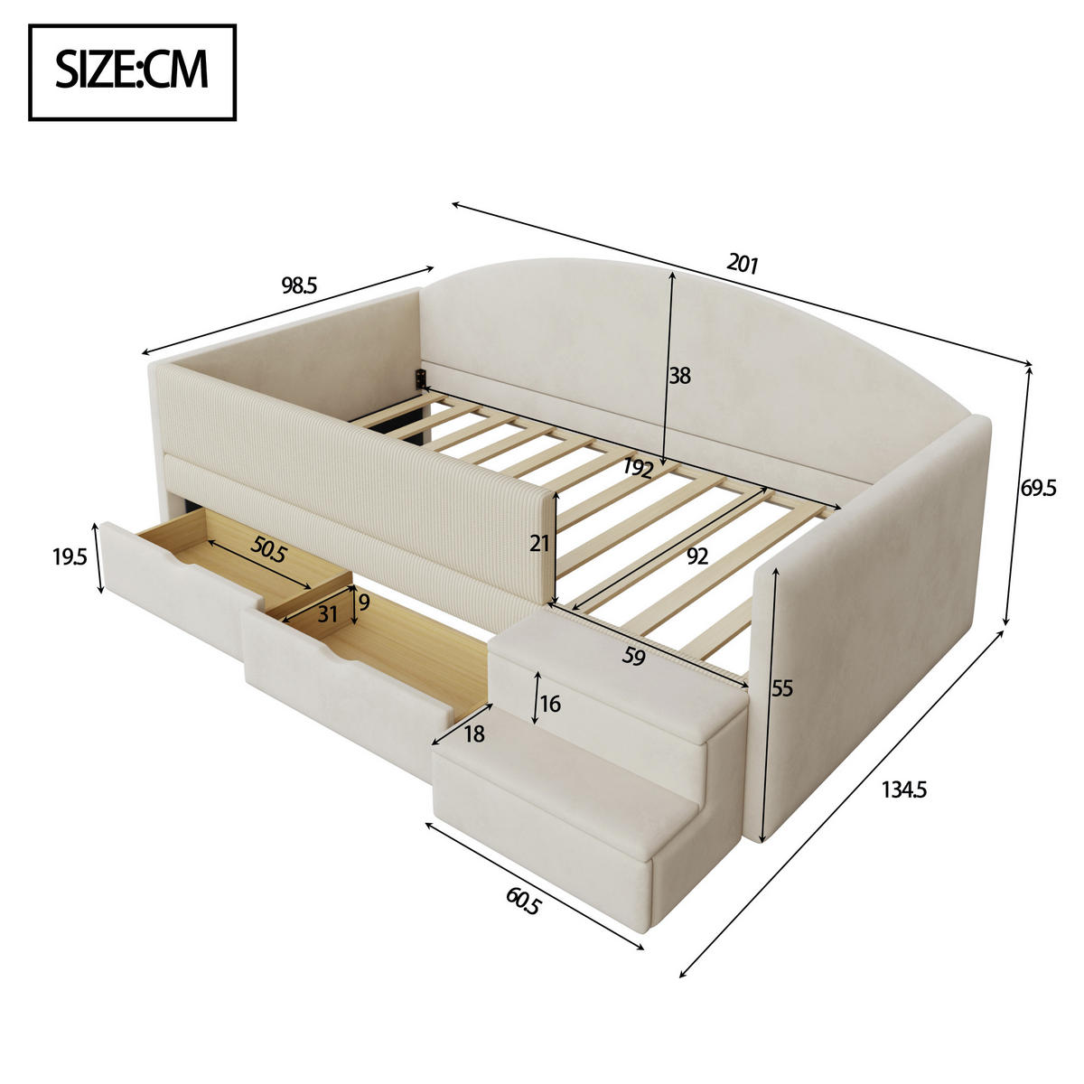KINDERBETT 90/190 cm in Beige Samt mit 2 Schubladen und Stufen - Beige, Holzwerkstoff/Textil (90/190cm) - WISHDOR