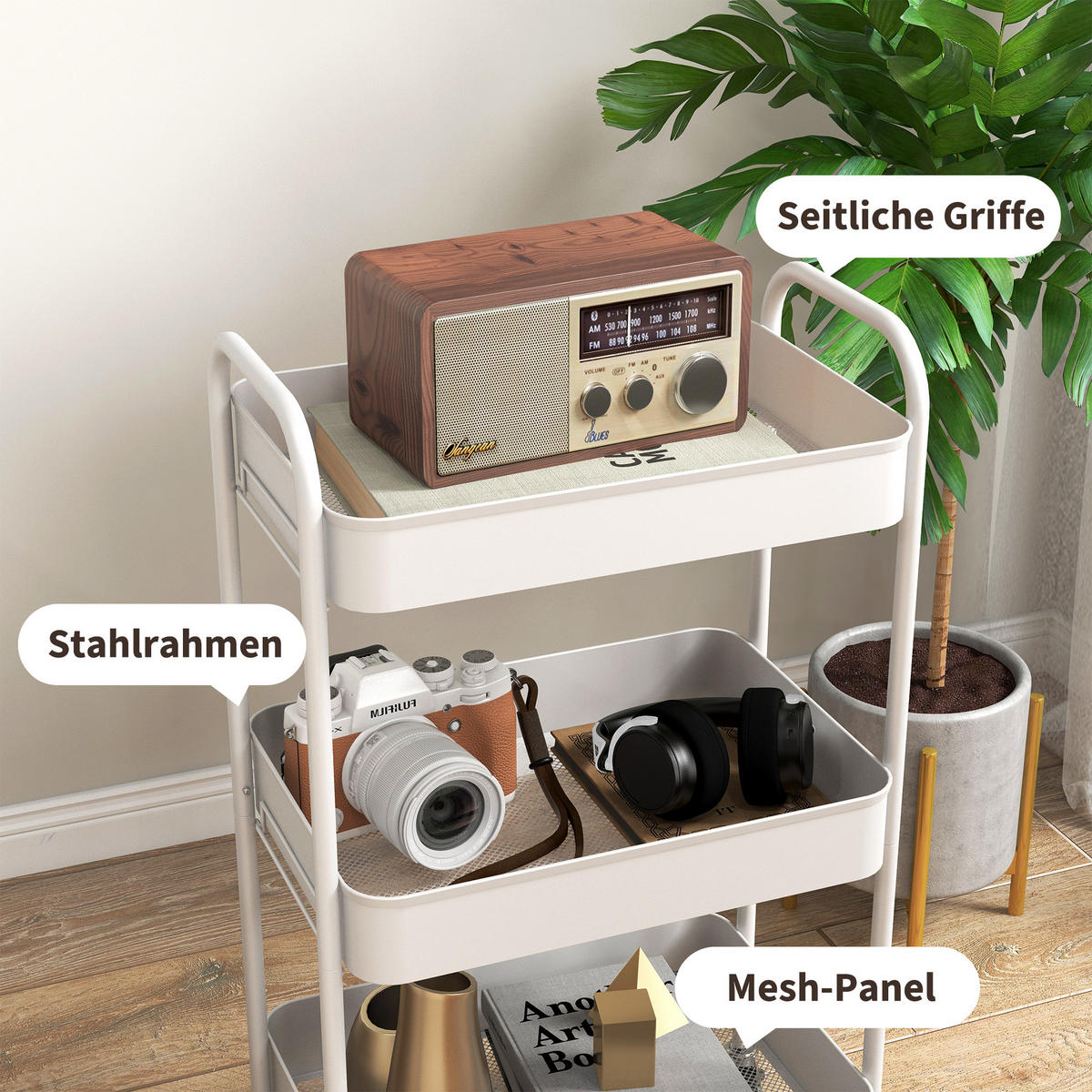 SERVIERWAGEN Rollwagen mit 3 Etagen, für Küche, Wohnzimmer, Stahl, Weiß - Weiß, Metall (30.6/79/45cm) - HOMCOM