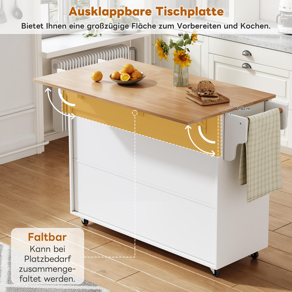 KÜCHENINSEL 145/45/94.5 cm Weiß mit 2 Schublade, klappbarer Arbeitsplatte und 5 Rollen - Weiß, Holz/Holzwerkstoff (145/94.5/70cm) - Oxeza