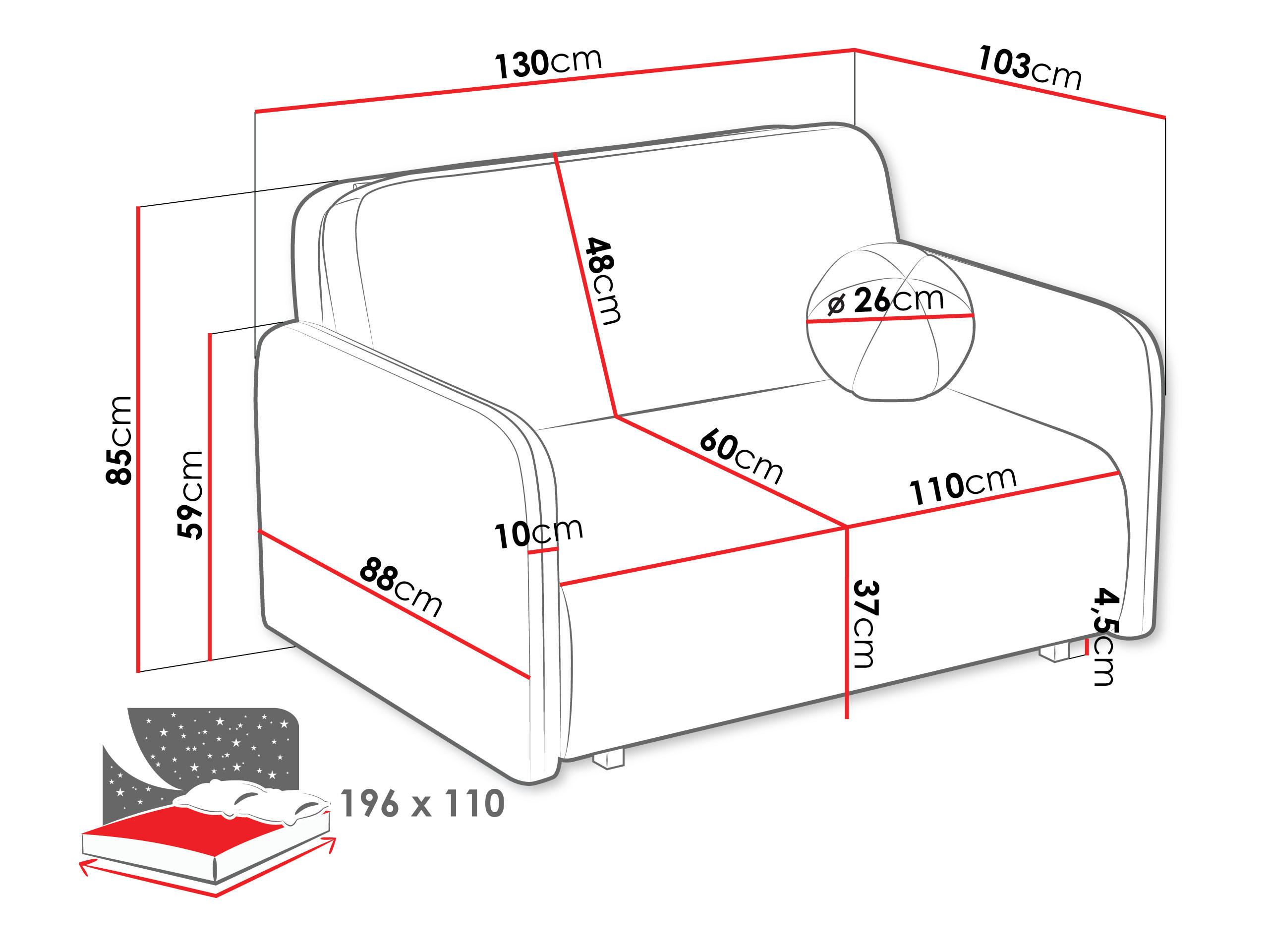 Thumbnail - Mirjan24 Schlafsofa, Schwarz, Textil, Kiefer, 2-Sitzer, Rechteckig, 130x85x103 cm, Wohnzimmer, Sofas & Couches, Schlafso...