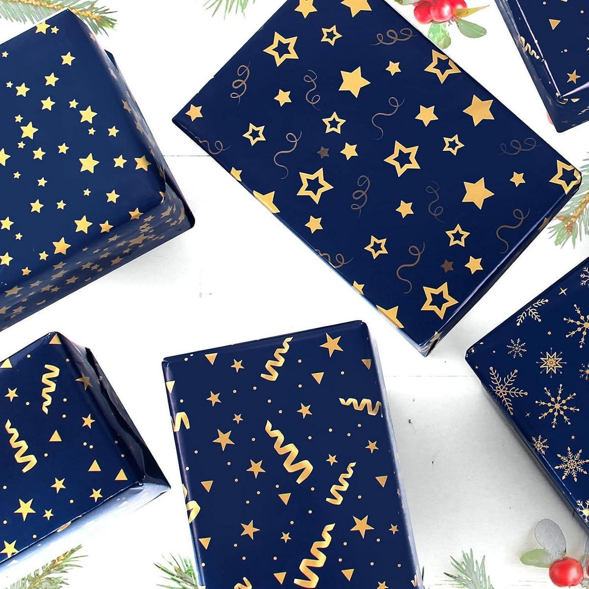 GESCHENKPAPIER Set Dunkelblau Gold 5 Bögen - Dunkelblau, Papier (15/0.6/20cm)