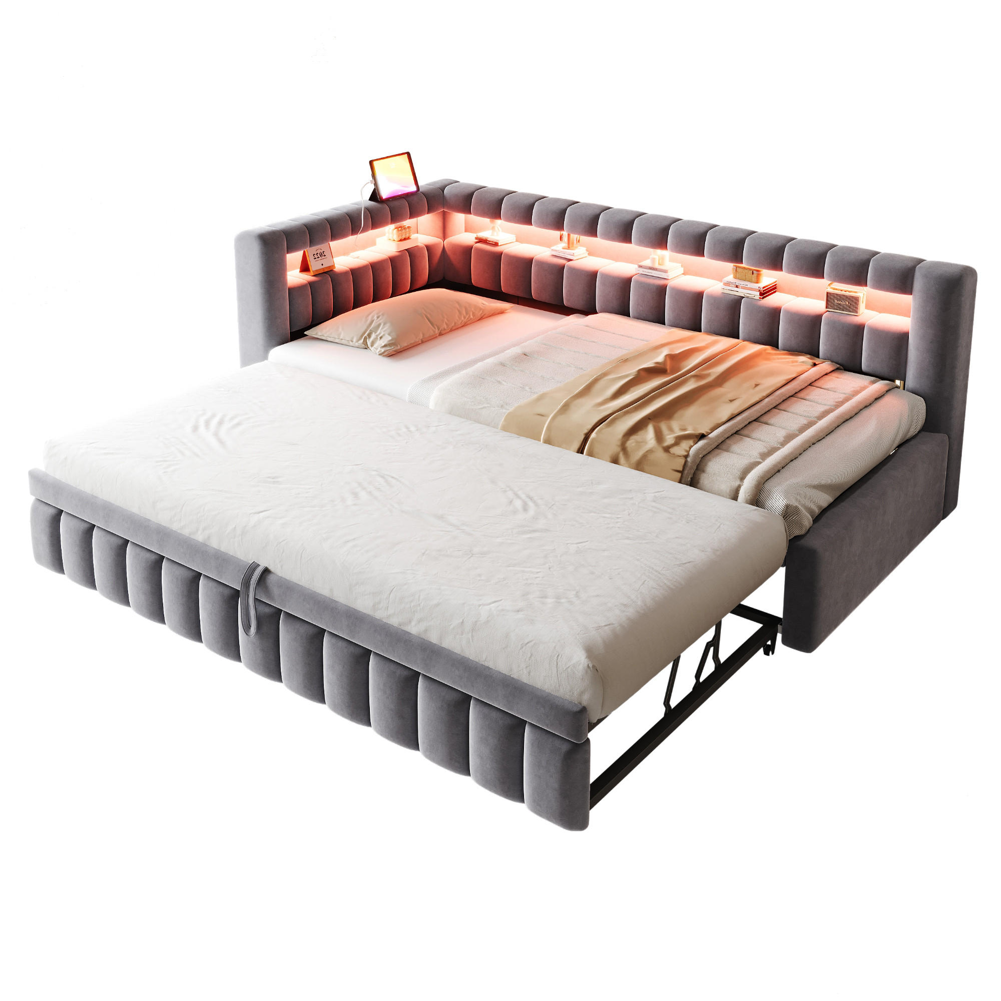 SCHLAFSOFA 90/200 cm & 90/190 cm in Dunkelgrau Samt mit Ausziehbett, LED und USB - Grau, Holzwerkstoff/Textil (90/200cm) - WISHDOR