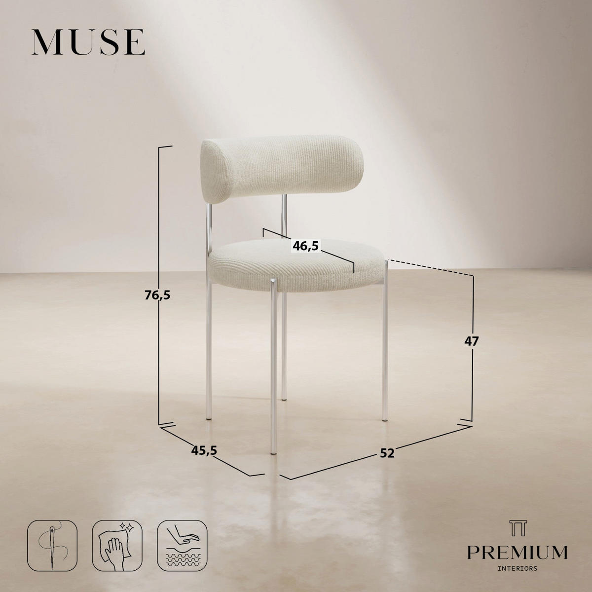 2ER-SET Stühle MUSE Cord Creme 52cm - Creme, Textil (52/76.5/45.5cm) - Premium Interiors