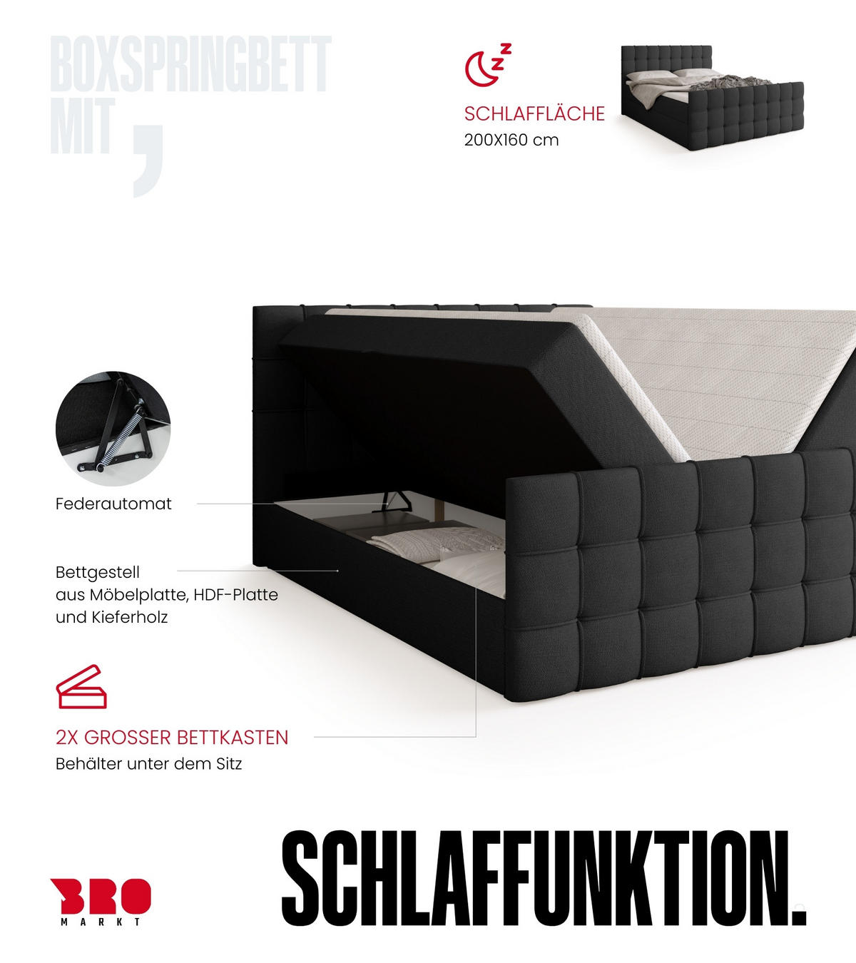 BOXBETT Detroit Duo mit Topper 160/200 Graphite - Graphitfarben, Textil (160/200cm) - Bromarkt