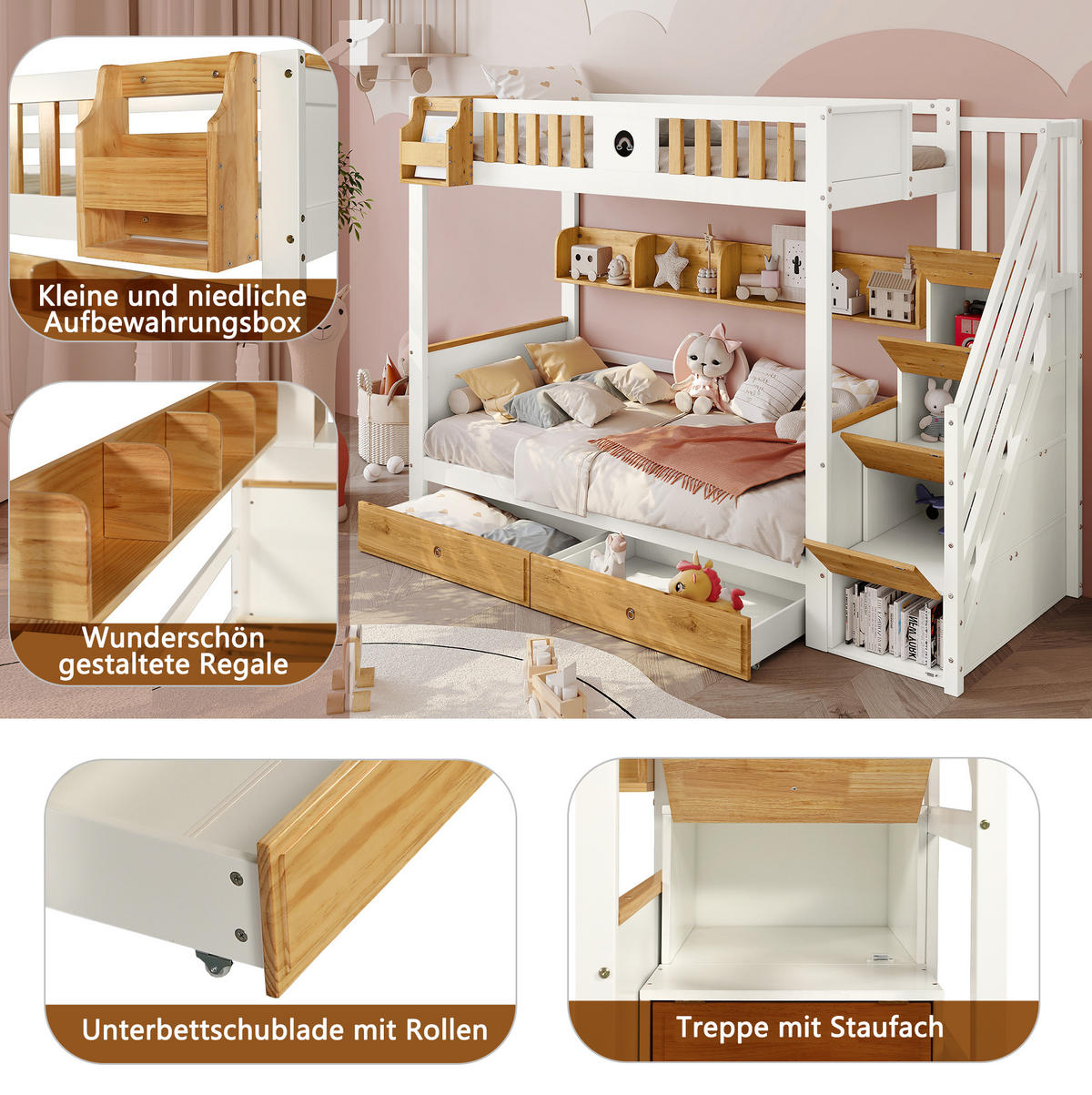ETAGENBETT 90/200 cm aus Kiefer und MDF mit Stauraumtreppe Weiß/Natur - Weiß, Holzwerkstoff (90/200cm) - Modenvie