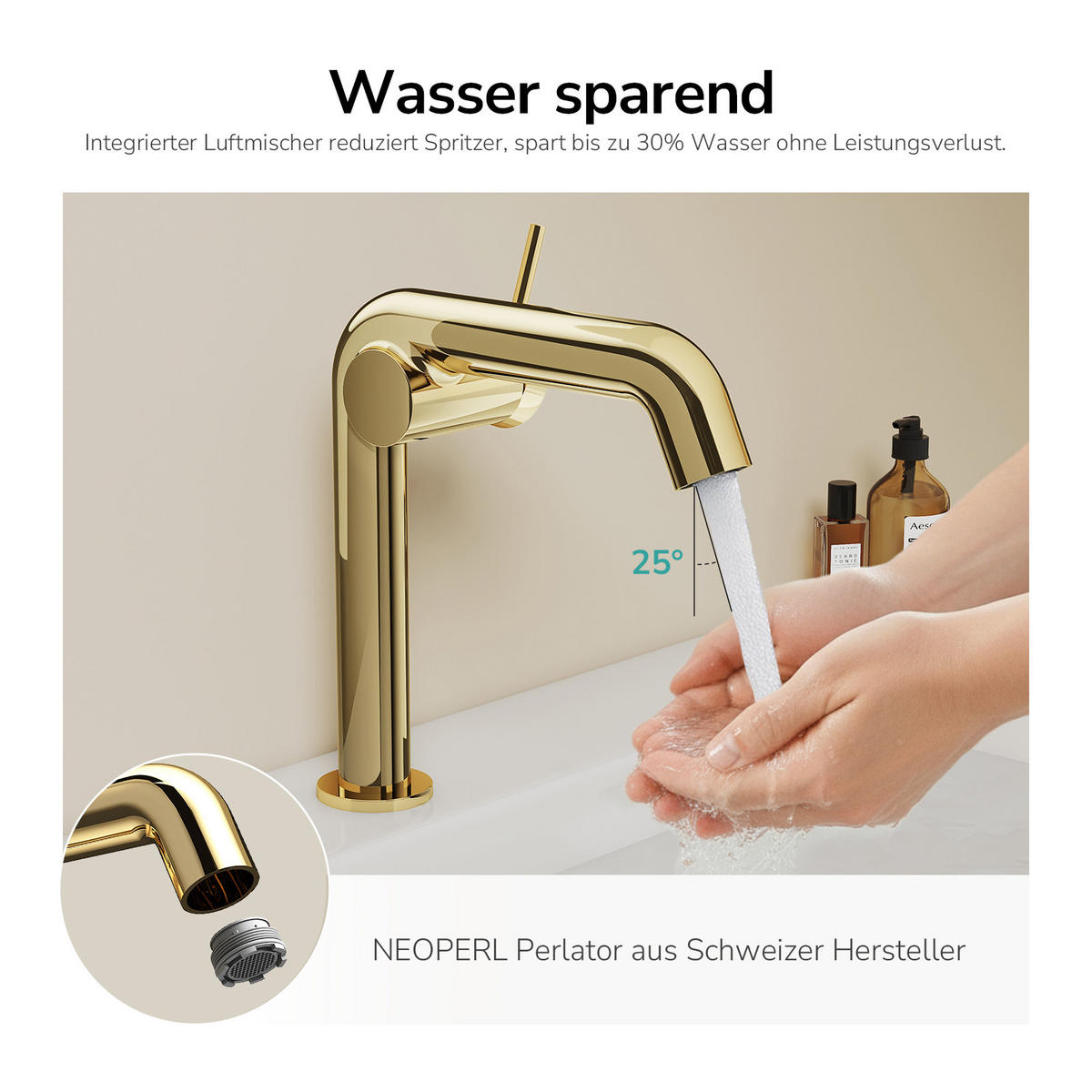 WASCHTISCHARMATUR Ventilkernzertifizierung Champagnergold 15cm - Goldfarben, Metall (20/7.6/22.2cm) - EMKE