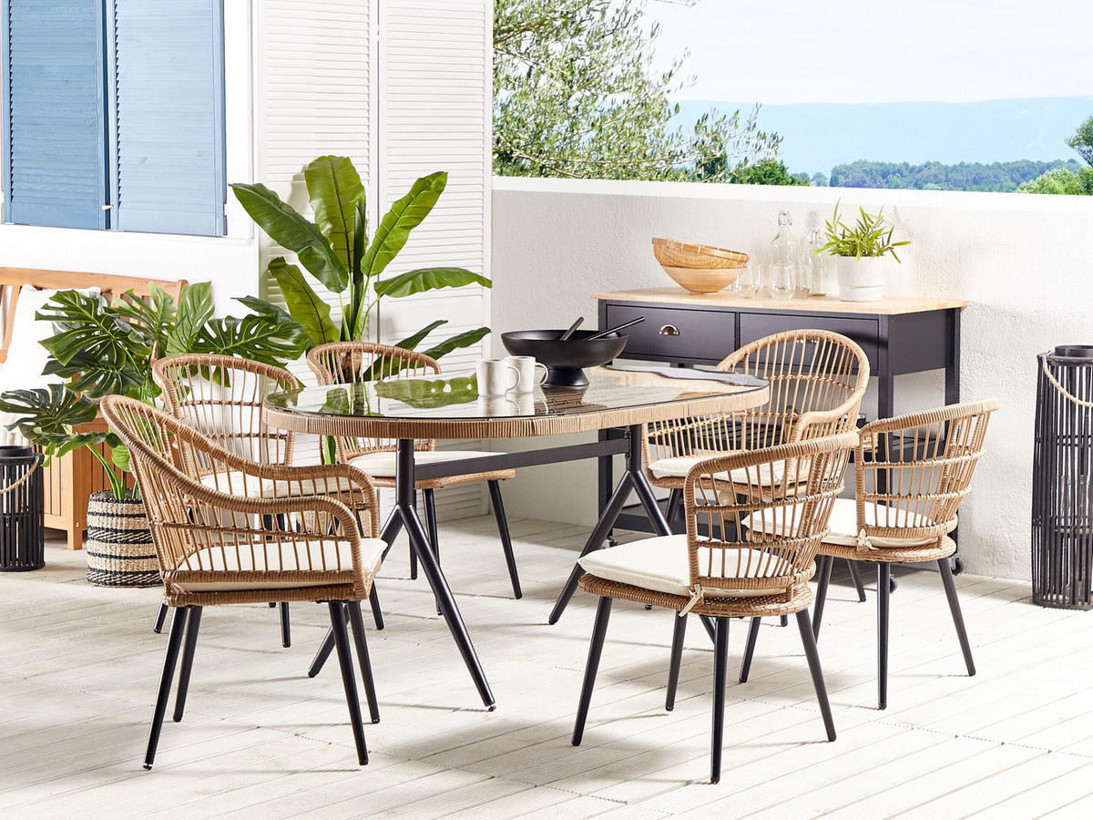 GARTENMÖBEL SET 6-Sitzer Rattan natürlich Auflagen beige Aliano II - Beige/Schwarz, Kunststoff - Beliani