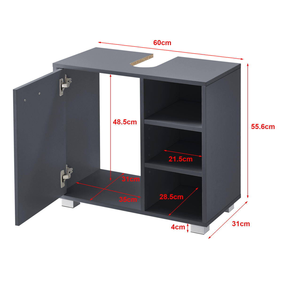 WASCHBECKENUNTERSCHRANK Narvik - Dunkelgrau, Holzwerkstoff (60/55.6/31cm) - [en.casa]
