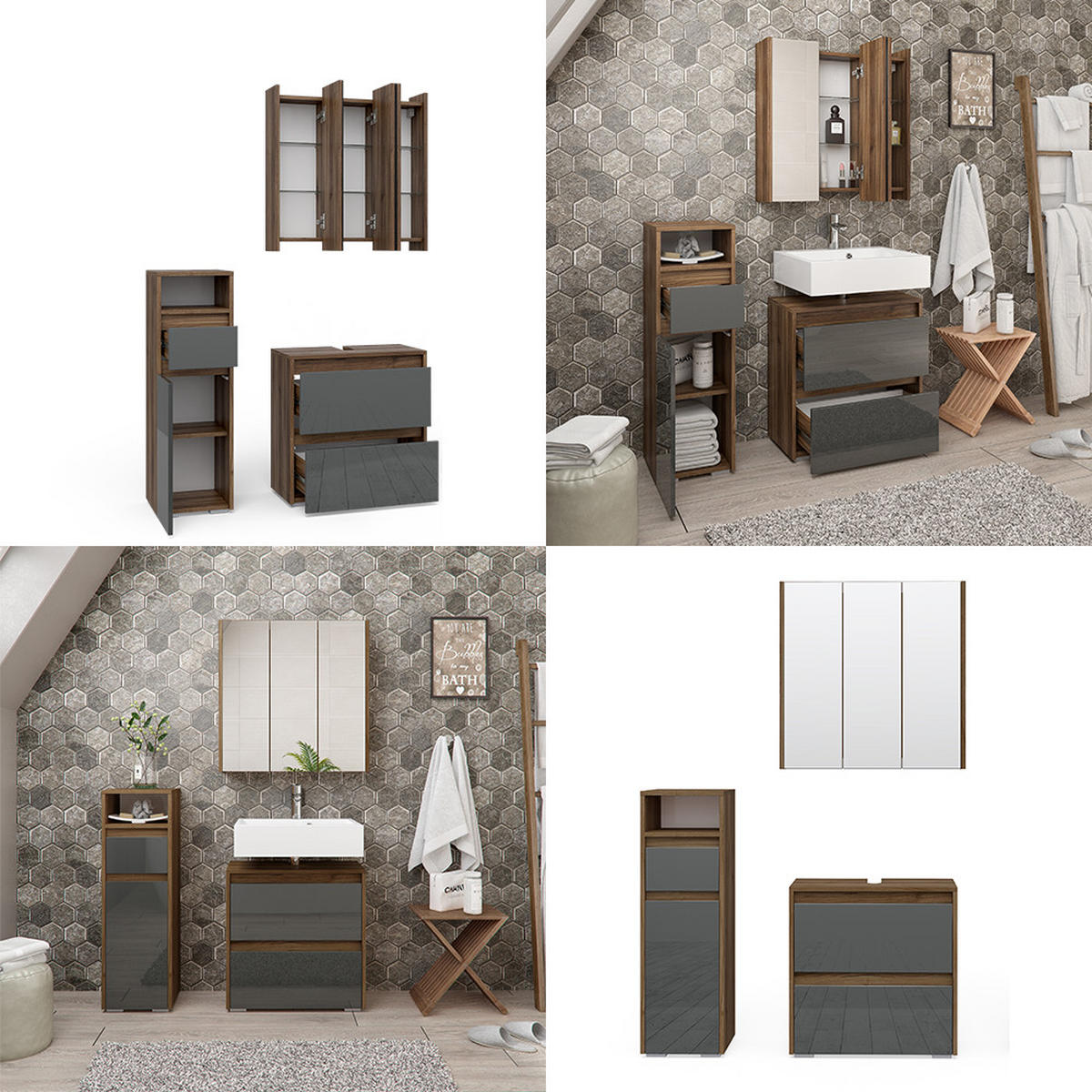 BADMÖBEL-SET Majest Anthrazit 3 Teile - Anthrazit/Walnussfarben, Holzwerkstoff (60/62/30cm) - Vicco