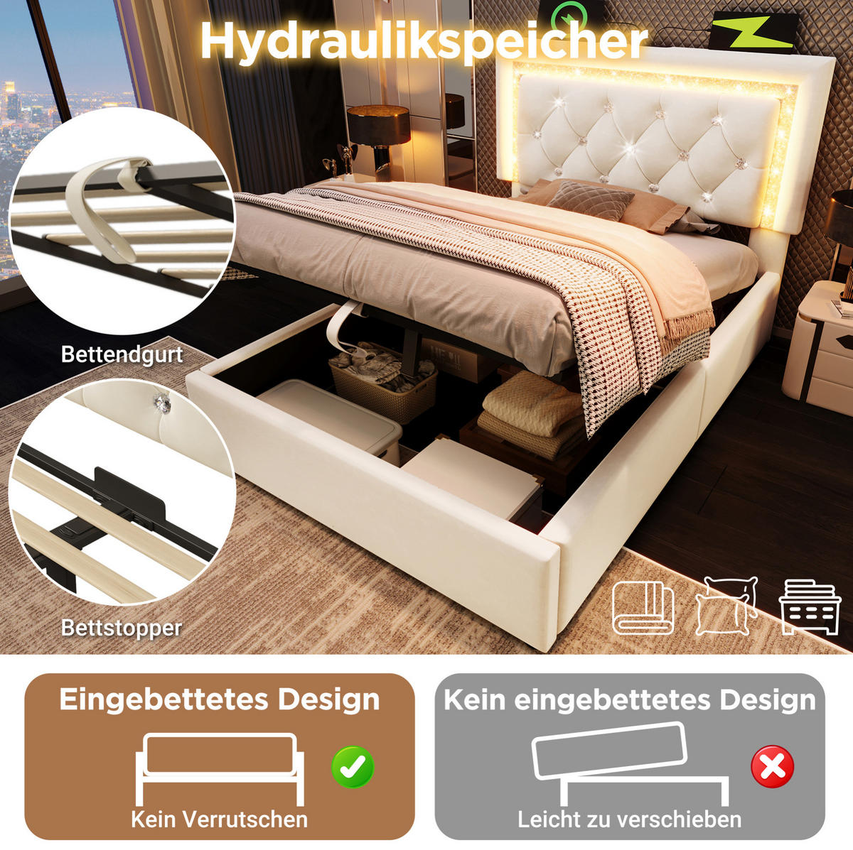 POLSTERBETT 90/200 cm mit LED-Beleuchtung, USB- und Type-C-Anschluss, hydraulischem Bettkasten, Samtbezug, Beige - Beige, Textil (90/200cm) - Redom