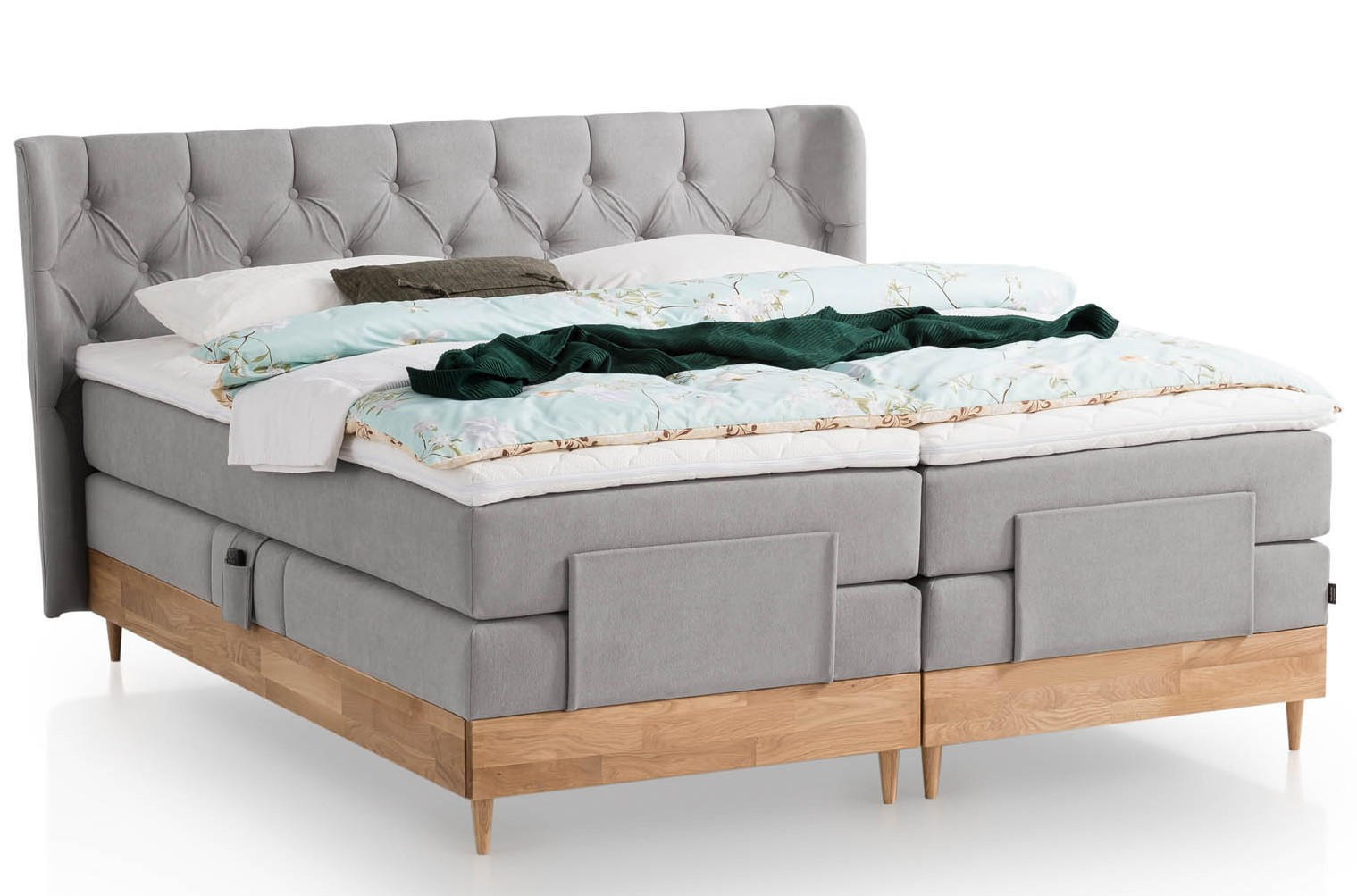 BOXSPRINGBETT ELEKTRISCH VERSTELLBAR EON 160x200 Hellgrau H2 und H3 Bett mit Motor 7-Zonen TFK Matratze inkl. Visco Topper Motorbett mit Eiche - Hellgrau, Textil (160/200cm) - Belanoti