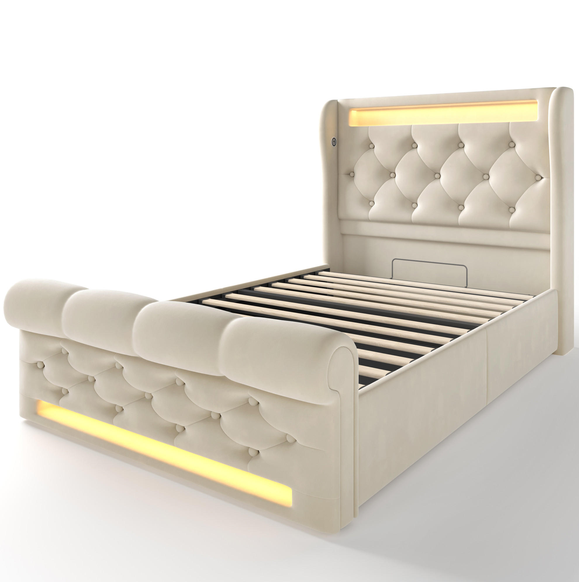 Modfu ČALOUNĚNÁ postel 90x200 cm z sametu béžová s LED osvětlením, USB a Type-C nabíjením, hydraulickým úložným prostorem