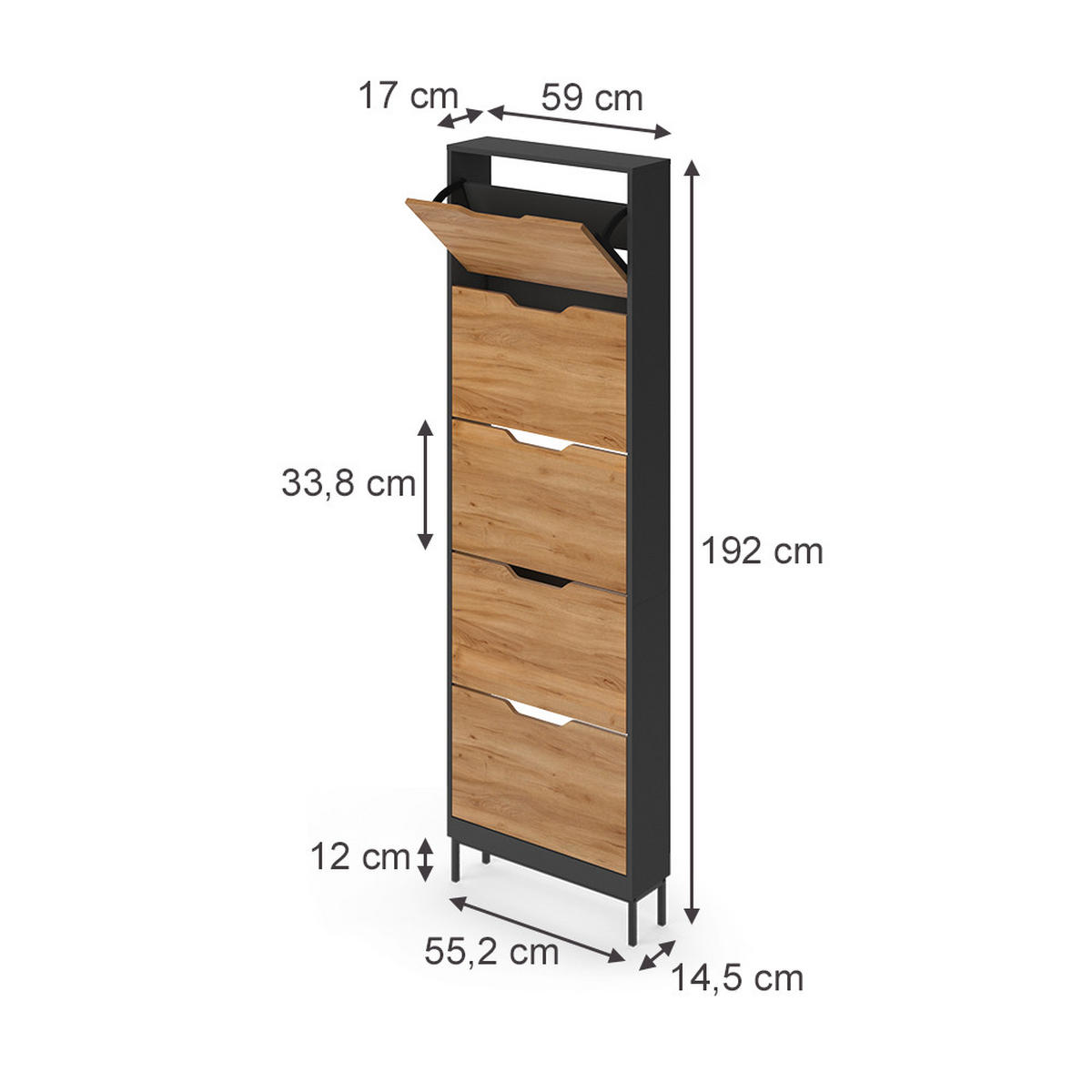 SCHUHKIPPER Luca, Anthrazit/Goldkraft Eiche, 59 x 192 cm mit 5 Kippfächern - Honigeiche/Anthrazit, Holzwerkstoff (59/192/17cm) - Vicco