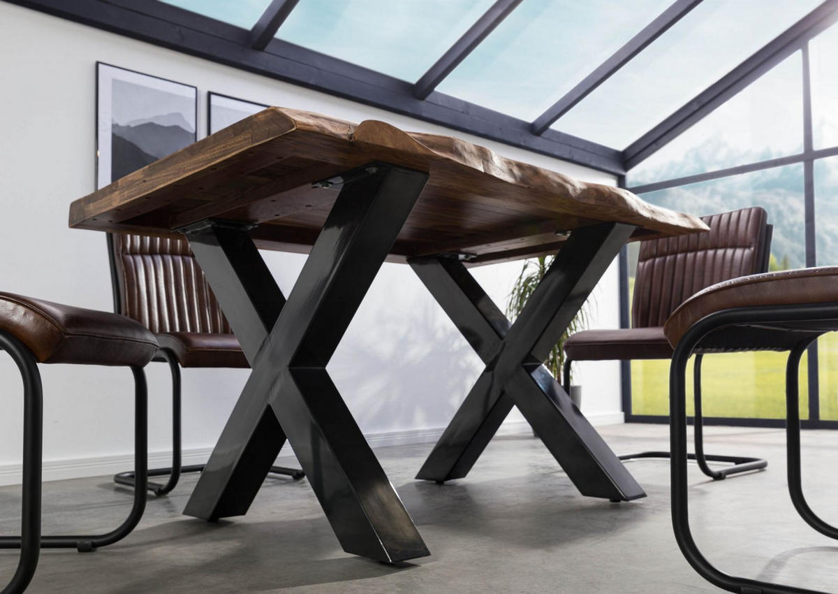 BAUMTISCH Sheesham 140x90x77 grau gebeizt / X-Beine anthrazit glänzend FREEFORM 5 - Grau, Holz (140/90/77cm) - Massivmoebel24