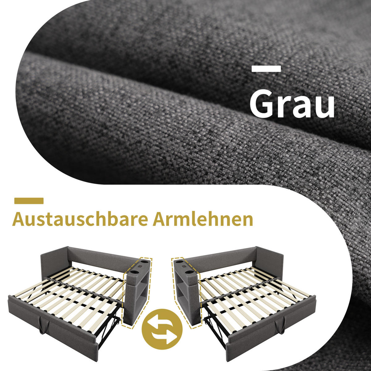 BETT 90/200 cm in Grau mit USB- und Type-C-Anschlüssen, Getränkehaltern - Grau, Textil (90/200cm) - Flora Grace
