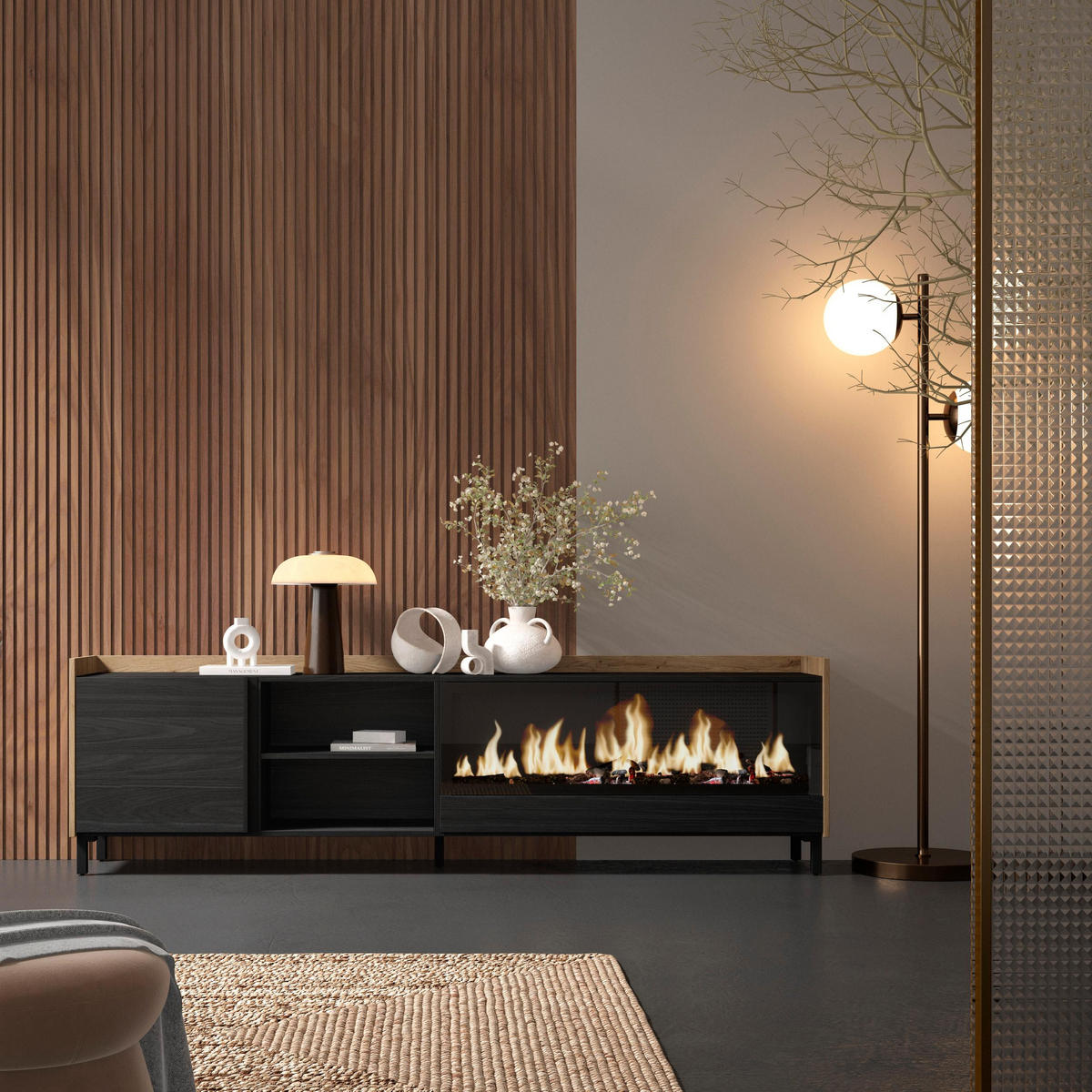 LOWBOARD, Schwarz und Eiche, 212/35/61cm, Kamin mit Feuereffekt XXL - Schwarz, Holzwerkstoff (212/61/35cm) - Skraut Home