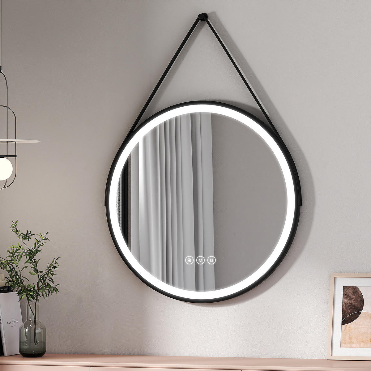 BADSPIEGEL mit Touch-Schalter Beleuchtung mit Hängeriemen Schwarz ф80 cm - Schwarz, Glas (80/3.5/80cm) - EMKE