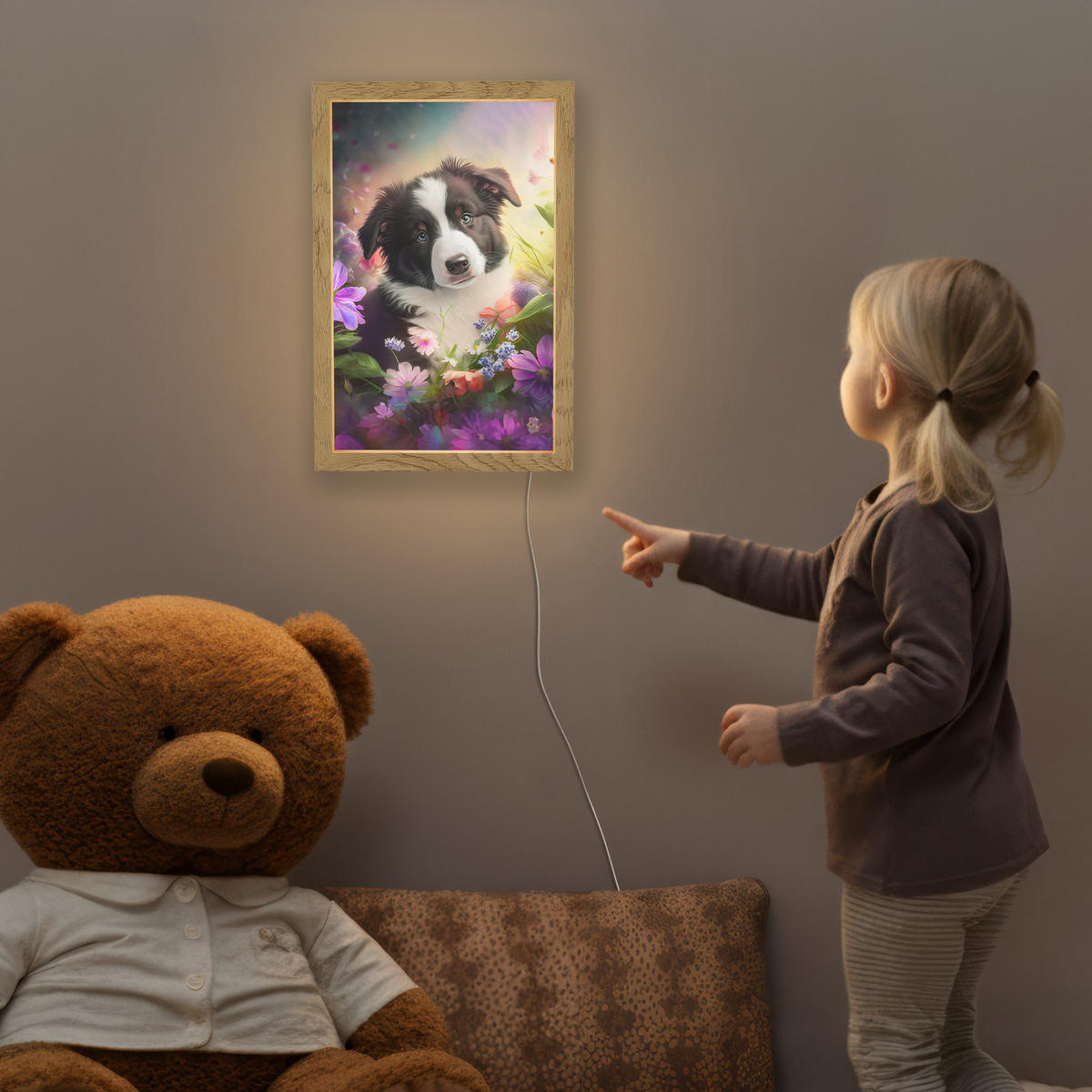 NACHTTISCHLAMPE Welpe - Sonne - Blumen - Natur - Border Collie - Hund 20x30 cm - Violett, Holzwerkstoff (8/20/30cm)