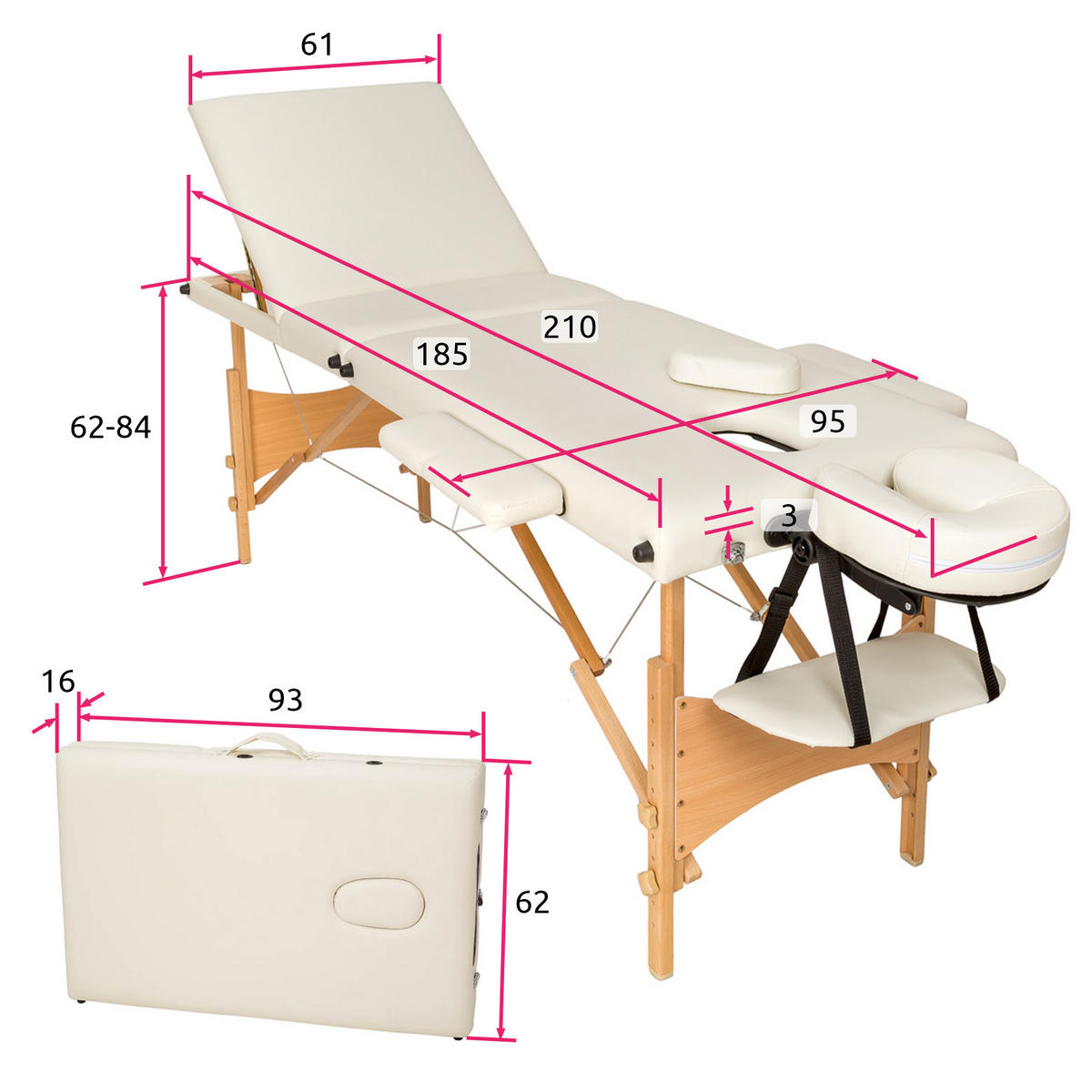 MASSAGELIEGE 3 Zonen Daniel,210 x 95 x 84 cm,beige - Beige, Holz (61/62/185cm) - tectake
