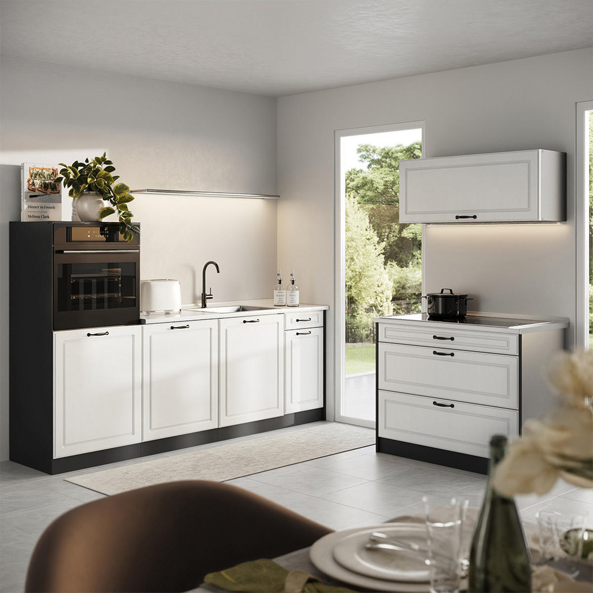 KÜCHENZEILE R-Line, Weiß Landhaus/Anthrazit, 220 cm ohne Arbeitsplatte - Anthrazit/Weiß, Holzwerkstoff (220/143/46cm) - Vicco