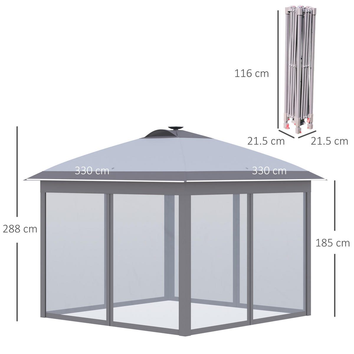 FALTPAVILLON aus Metall 330/330/288 cm mit LED-Beleuchtung, USB-Aufladung und Netzvorhängen, Grau - Grau, Metall (330/288/330cm) - Redom