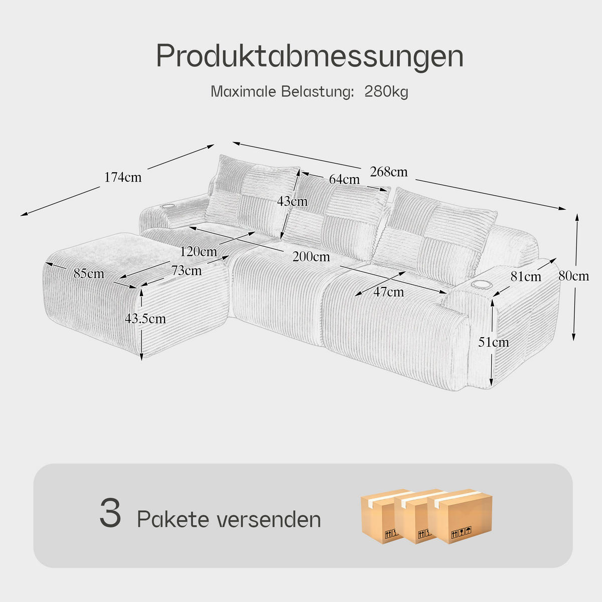ECKSOFA mit frei kombinierbaren Modulen, Hockern, Getränkehalter und seitlicher Aufbewahrungstasche in Schwarz - Schwarz, Textil (268/174cm) - EVRYAE