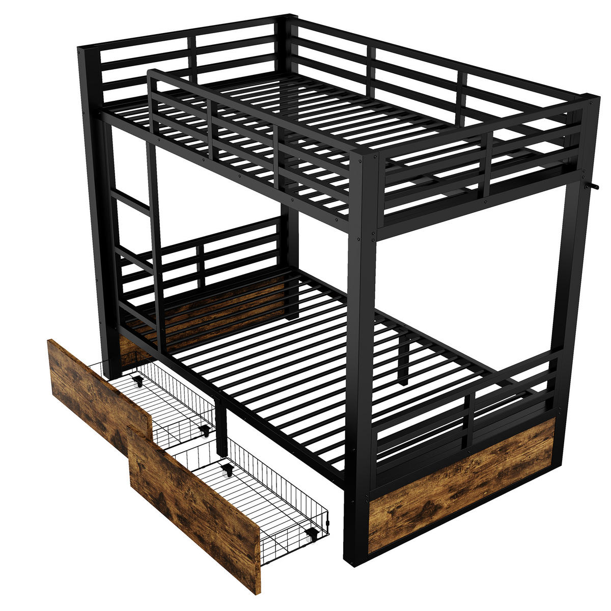 ETAGENBETT Metall 90x200cm, Schubladen, Leiter, Geländer, platzsparend, Schwarz - Schwarz, Metall (90/200cm)