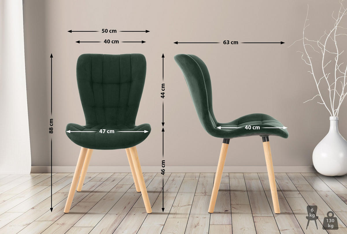 STUHL 2er Set Samt grün - Eukalyptusholzfarben/Grün, Holz/Textil (50/88/63cm) - CLP