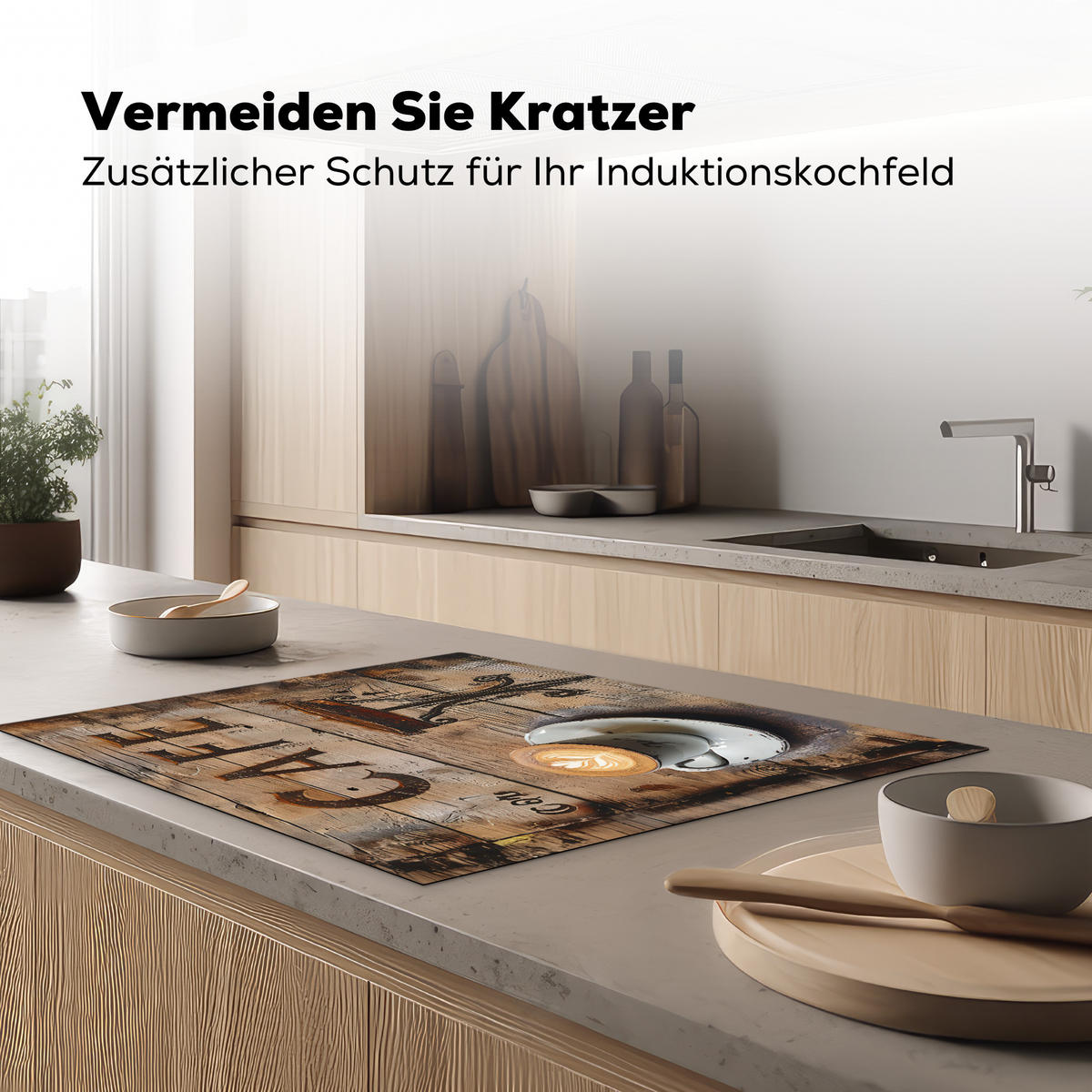 HERDABDECKPLATTE Cafe - Holz - Kaffee - Regale Induktionsmatte 77x59 cm - Schwarz, Kunststoff (77/59/0.2cm) - MuchoWow