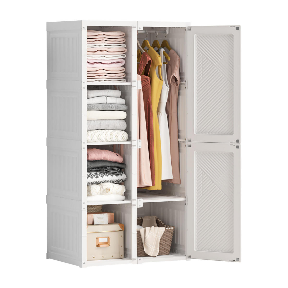 KLEIDERSCHRANK, mit 6 Tür, magnetverschluss und 1 Kleiderstange, Weiß - Weiß, Metall (50/136/69cm)