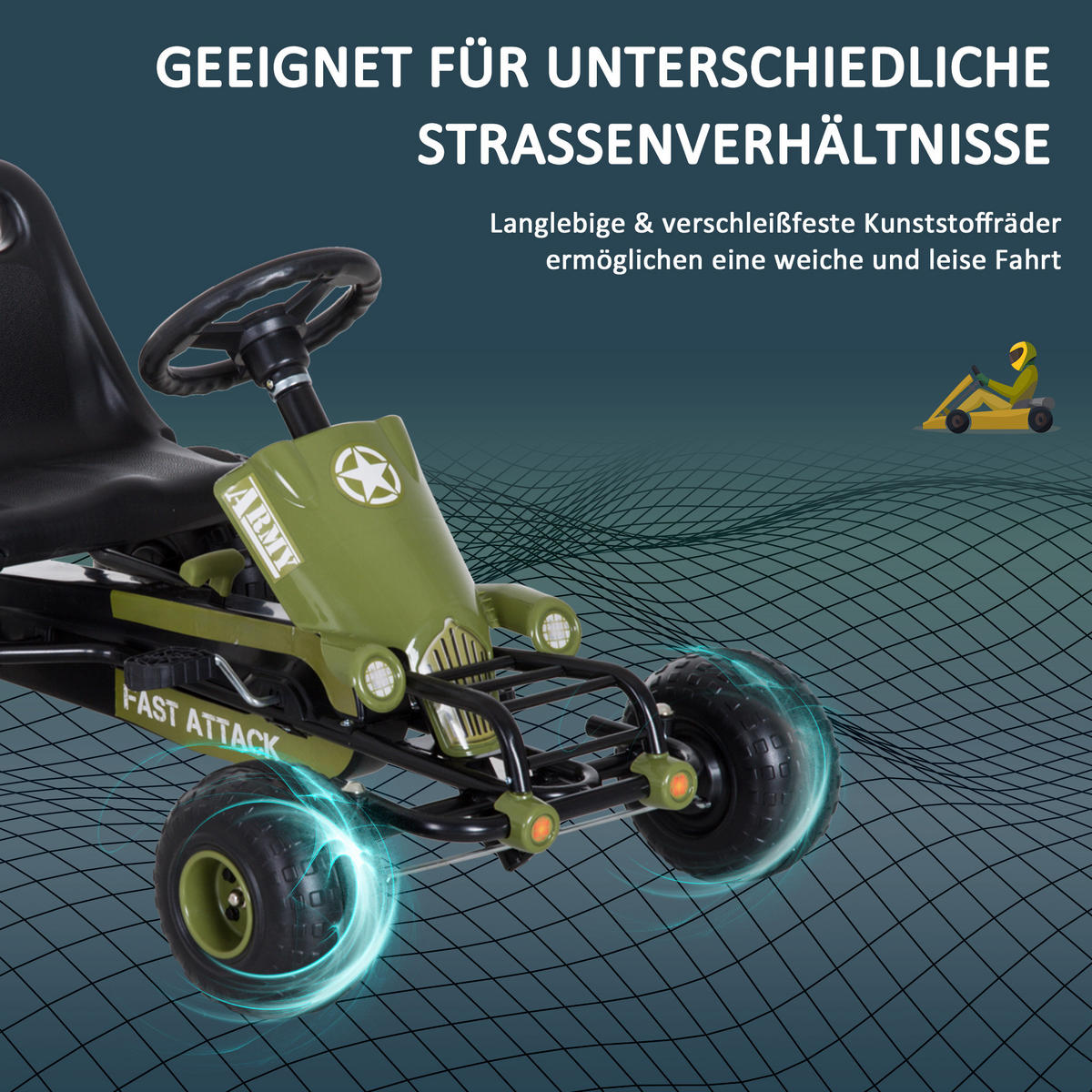 KINDER GO KART TRETAUTO, L105 x B54 x H61cm/L99 x B65 x H56cm, Grün - Grün, Metall (99/65/56cm) - HOMCOM