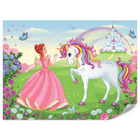 FOTOTAPETE für Kinderzimmer Prinzessin Einhorn Schloss Blumen 400x280 - Blau/Gelb, Papier (400/280cm) - Muralo