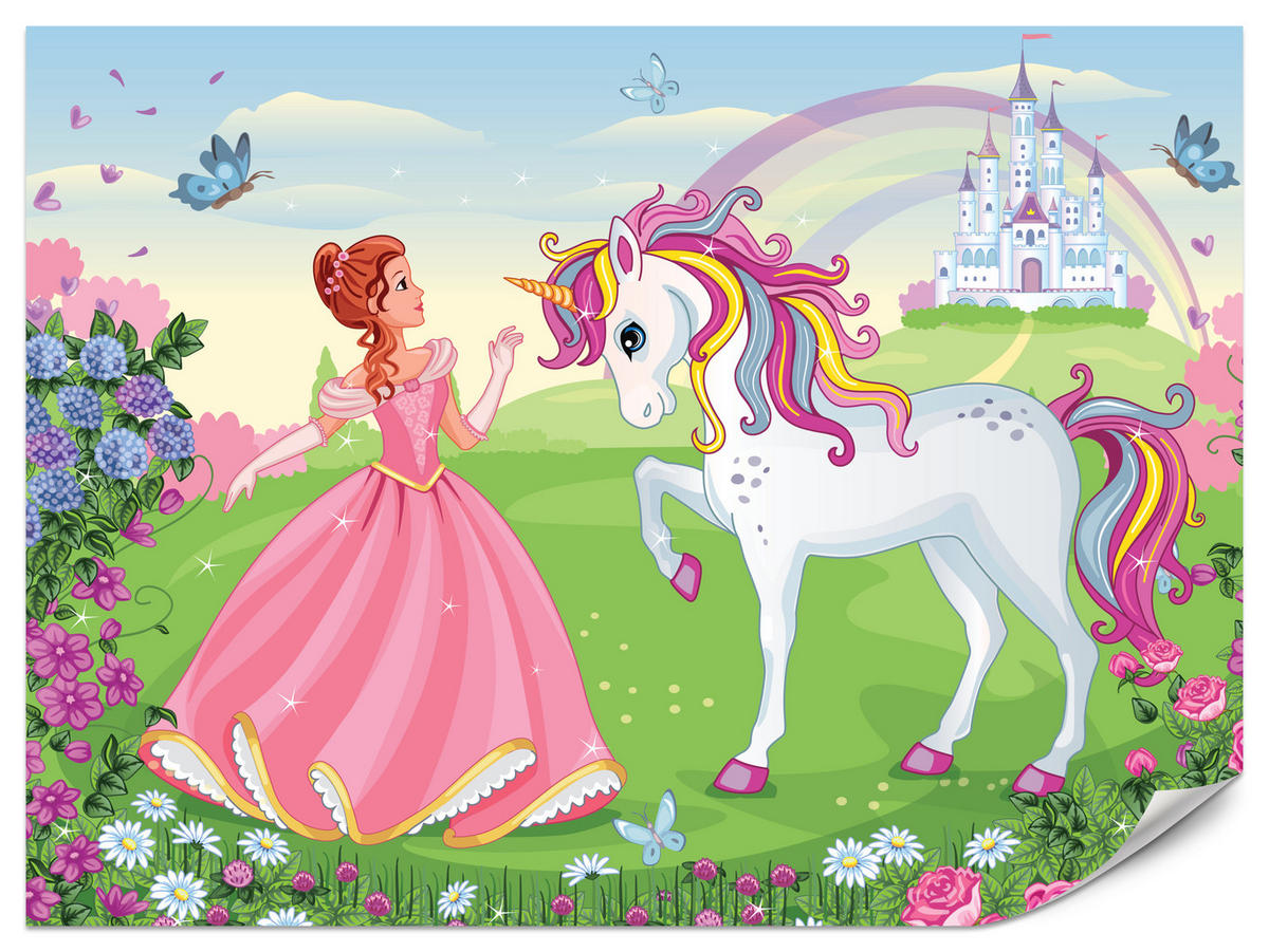 FOTOTAPETE für Kinderzimmer Prinzessin Einhorn Schloss Blumen 400x280 - Blau/Gelb, Papier (400/280cm) - Muralo
