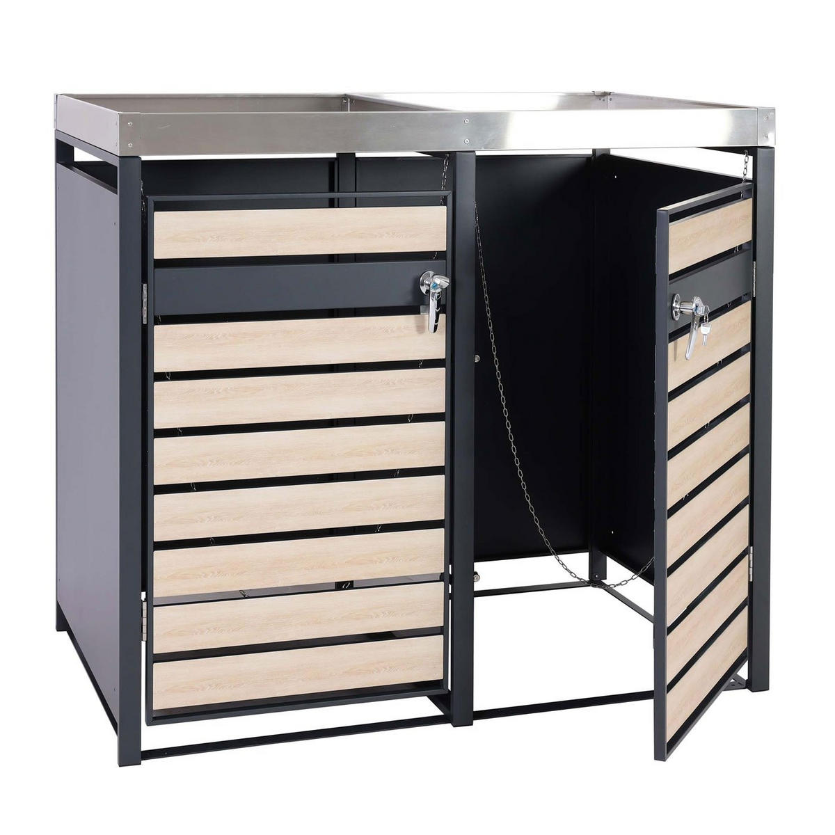 MÜLLTONNENBOX 2er mit Pflanzkasten 125x132x80cm Anthrazit Buche-Holzoptik erweiterbar - Hellbraun, Metall (132/125/80cm) - PROREGAL