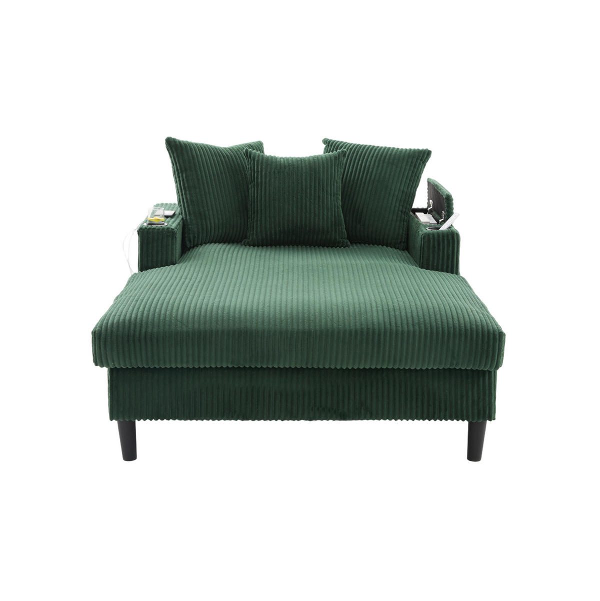 CHAISELONGUE 170/129/70 cm aus Cord mit LED-Beleuchtung, USB-Anschluss, Stauraum und 2 Becherhaltern, Smaragdgrün - Smaragdgrün, Textil (170/70/129cm) - Redom