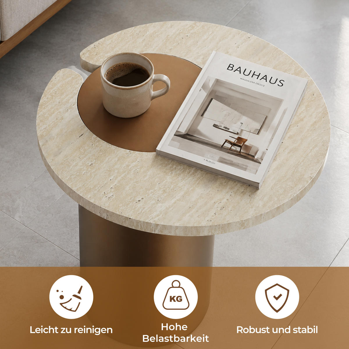BEISTELLTISCH Holz Rund mit Travertin-Optik, 56 cm hoch - Braun, Holzwerkstoff (40/40/56cm) - Hometopia