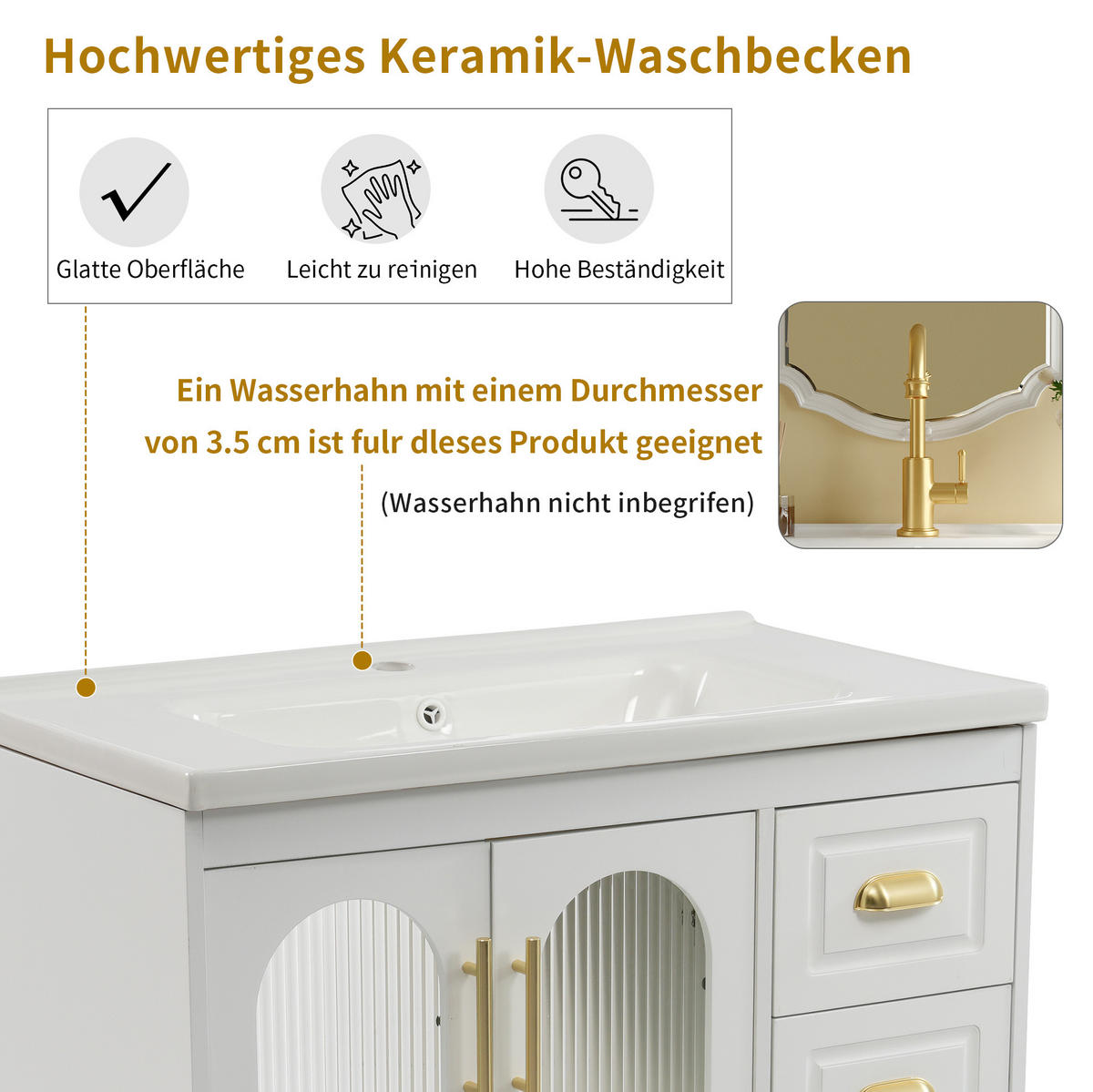 BADEZIMMERSCHRANK mit Becken 80x47x90 cm Weiß aus Porzellan & MDF mit 2 Schränken & 3 Schubladen - Weiß, Holzwerkstoff (80/90/47cm) - Modfu