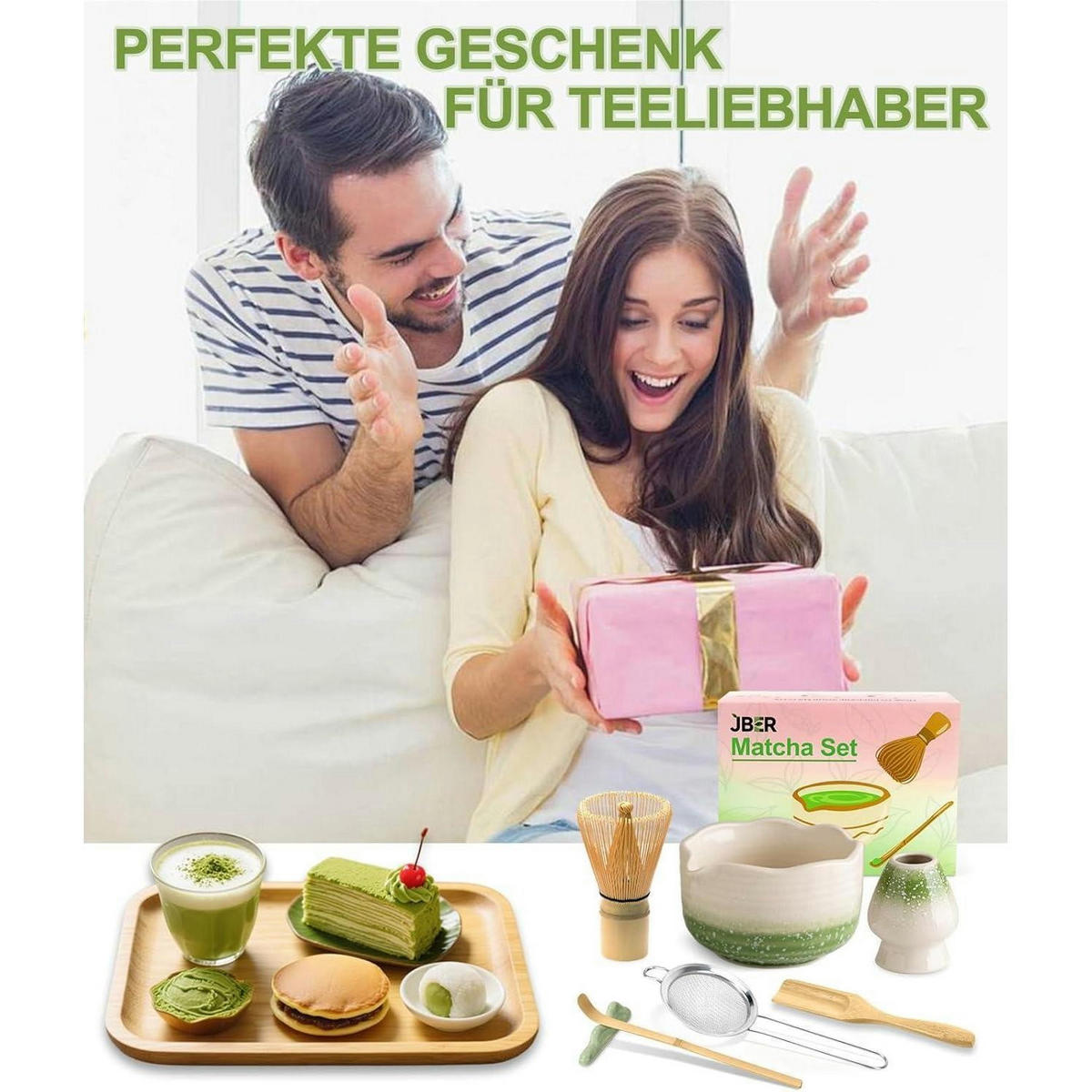 MATCHA Set 7-teiliges Set Bambus Besen Keramik Schale mit Ausgießer Grün Gradient - Grün, Keramik (15/10/15cm)