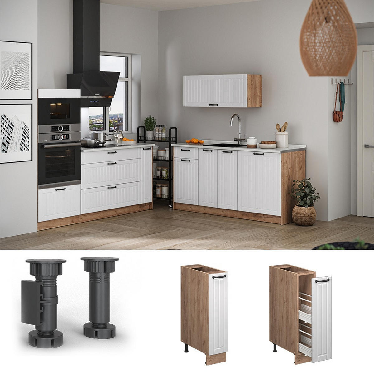 APOTHEKERSCHRANK Fame-Line, Weiß Landhaus/Goldkraft Eiche, 20 cm, AP Marmor - Honigeiche/Weiß, Holzwerkstoff (20/82/60cm) - Vicco
