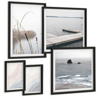 BILDER SET 5er Set - 50x50 cm & 20x30 cm & 40x60 cm Schwarzer Rahmen - Abstrakte Pastellwellen - Schwarz, Kunststoff (40/60cm) - TULUP