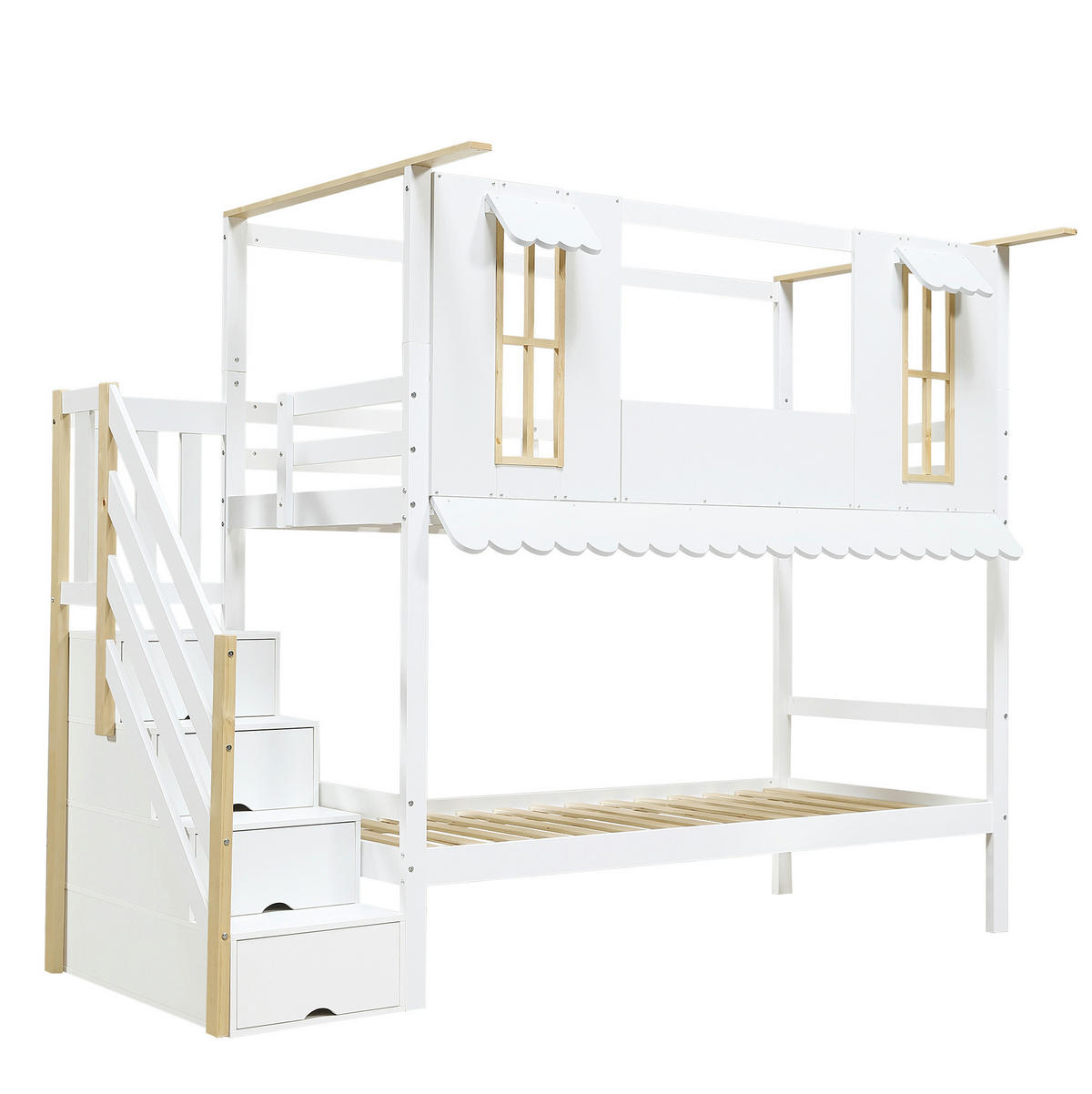 POSCHODOVÁ posteľ, 90/200 cm borovica a MDF biela/prírodná s úložnými schodmi - biela, drevo (90/200cm) - BEAOK