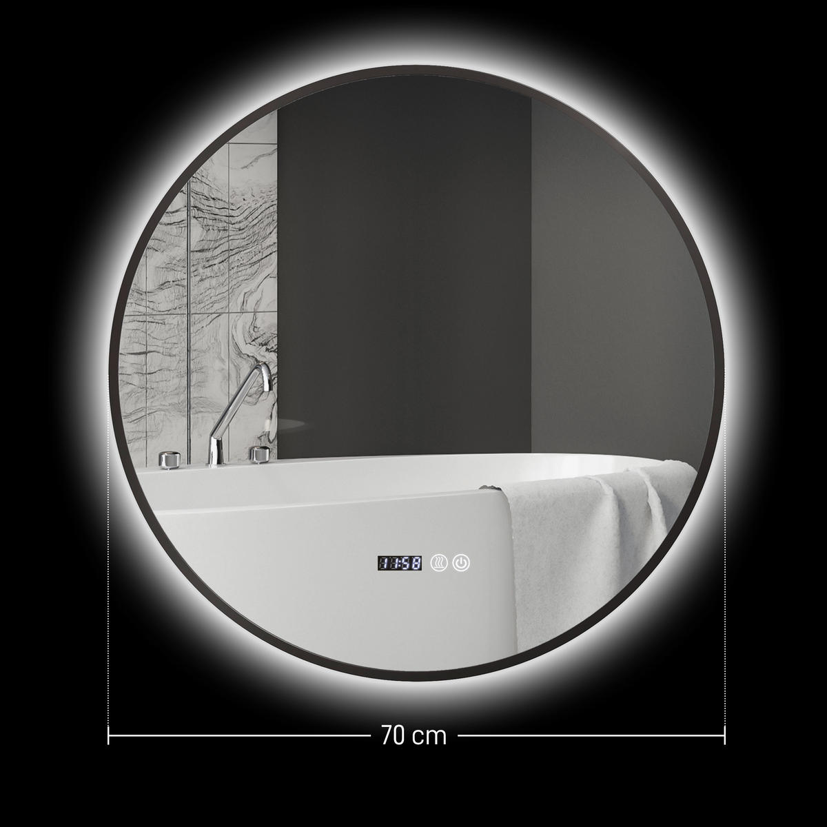 BADEZIMMERSPIEGEL,EINSTELLBARER Helligkeit,Touch-Schalter,70cm Durchmesser,schwarz - Schwarz, Glas (3/70/70cm) - Vallsero