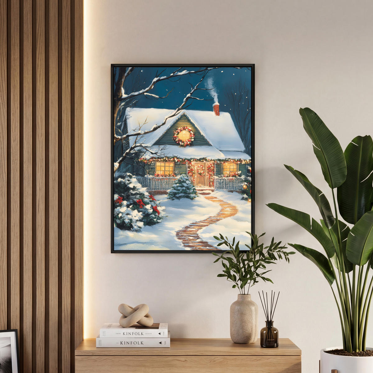 LEINWAND Bilder mit Rahmen - Weihnachten - Weihnachtsbaum - Winter - Zuhause - Schnee - 60x80 - Smaragdgrün, Textil (60/80cm) - MuchoWow