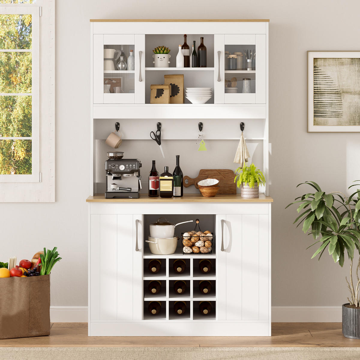 KÜCHENSCHRANK Buffet 175 cm Glastüren Weinregal Hakenleiste groß - Multicolor, Holzwerkstoff (106/175/39cm) - FLIEKS