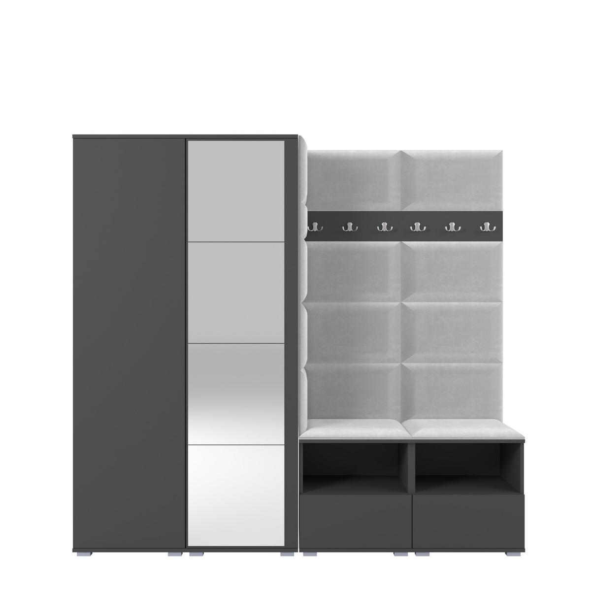 GARDEROBE NELA VI 200 cm (Modulare Flurmöbel Graphit mit Spiegel & Sitzpolster Hellgrau 32 Universell) - Silberfarben/Hellgrau, Holz/Holzwerkstoff (200/187/40cm) - Ravio